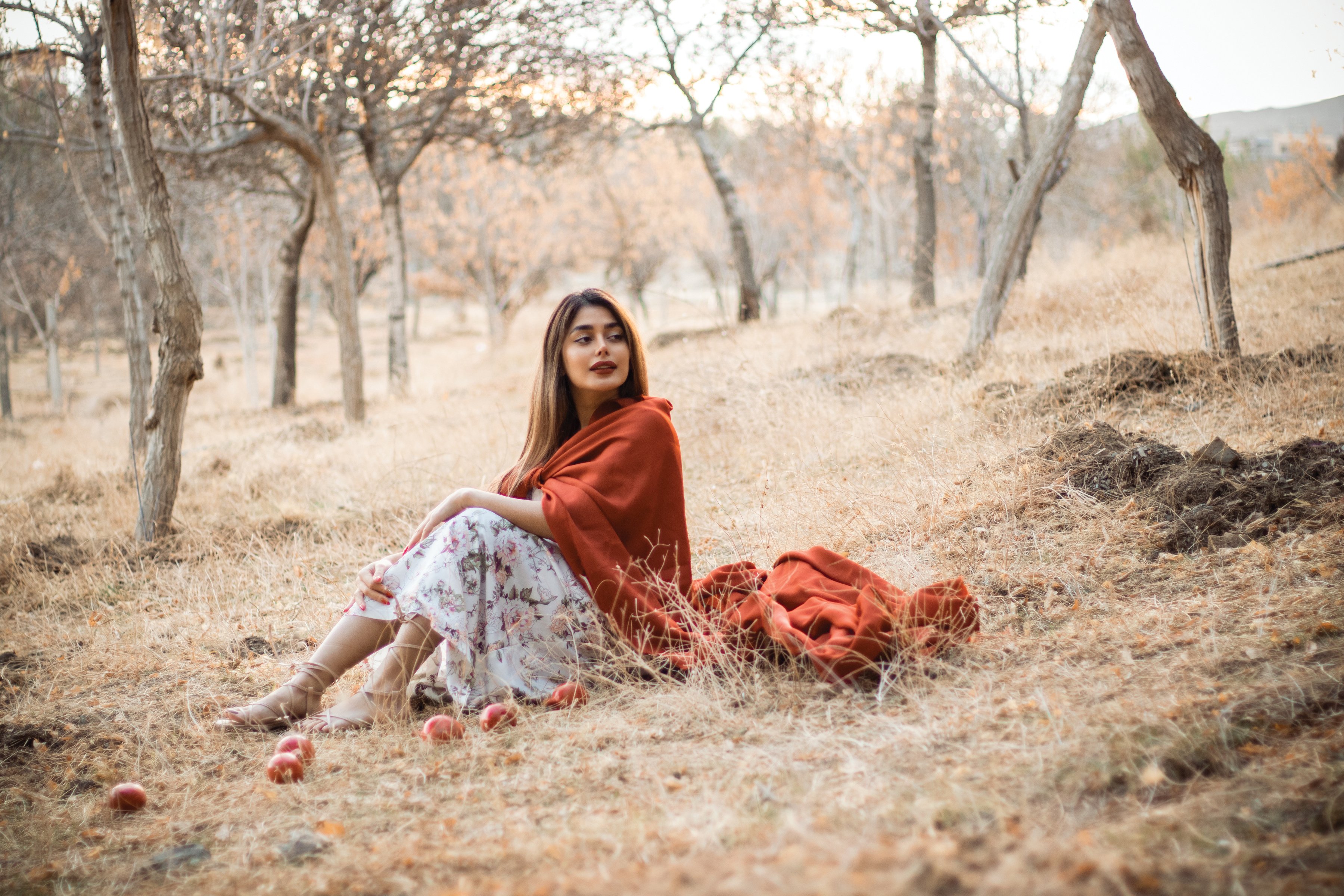 Woman in Red and White Dress Sitting on Brown Dried Leaves